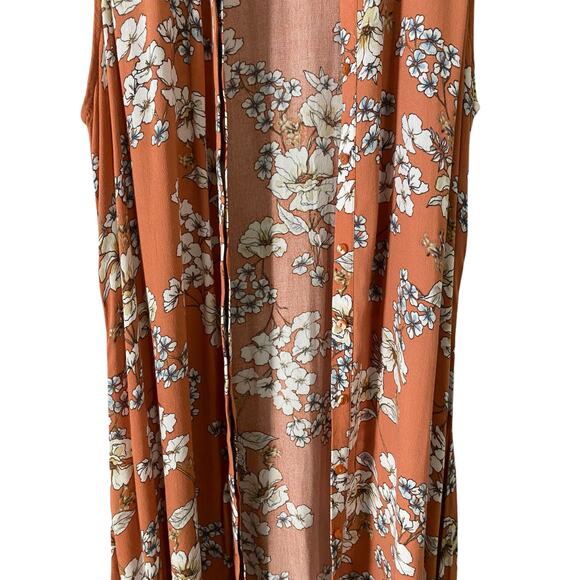 Women's Peach Floral Sleeveless Button Up Tunic Top Long Line Blouse Bohemian - Picture 5 of 10